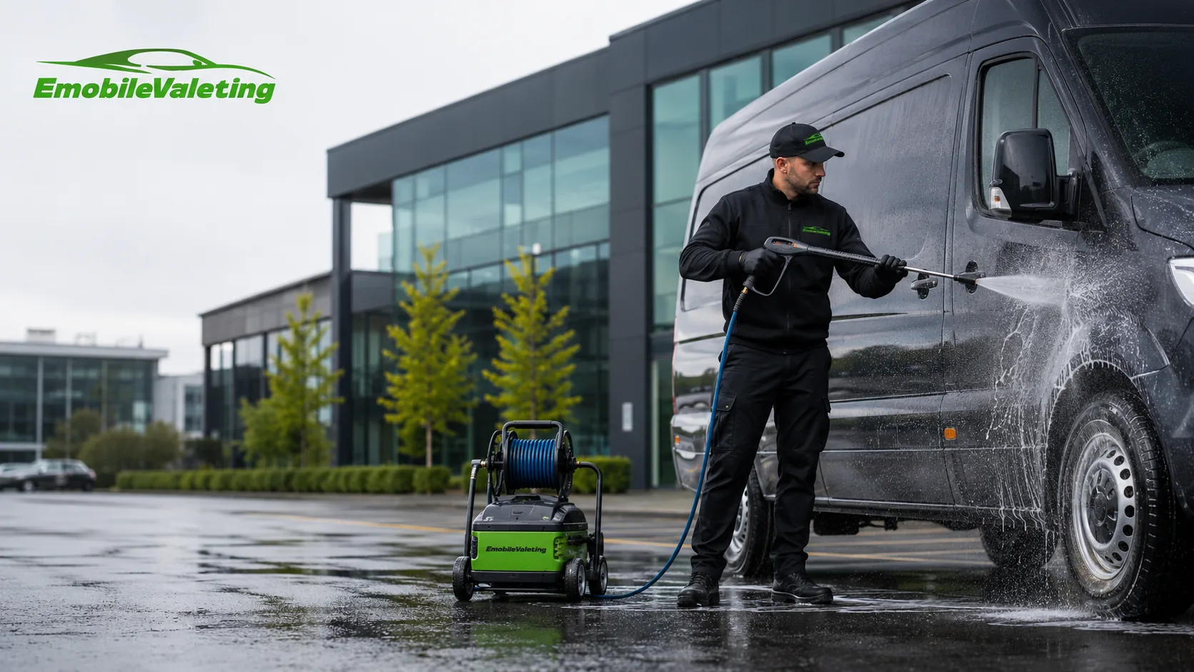 EMobile Valeting technician pressure-washing a commercial van outside business premises in Breaston