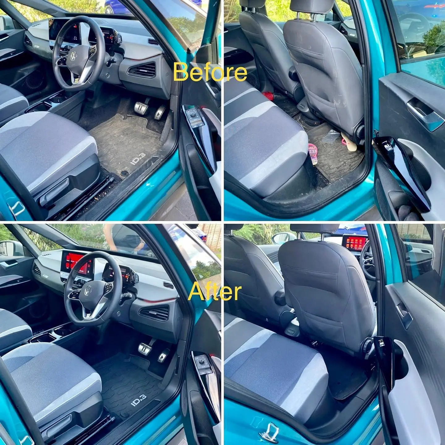 VW ID.3 interior before and after full valet - carpets and seats transformed